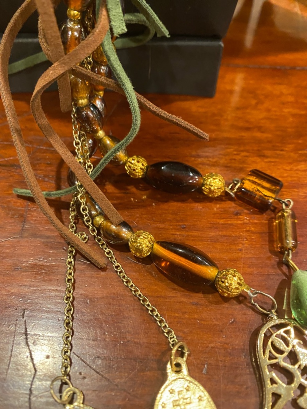 Wacky Item for Challenge Gold-Tone Multi Charm Necklace with Amber color Beads - Picture 6 of 12